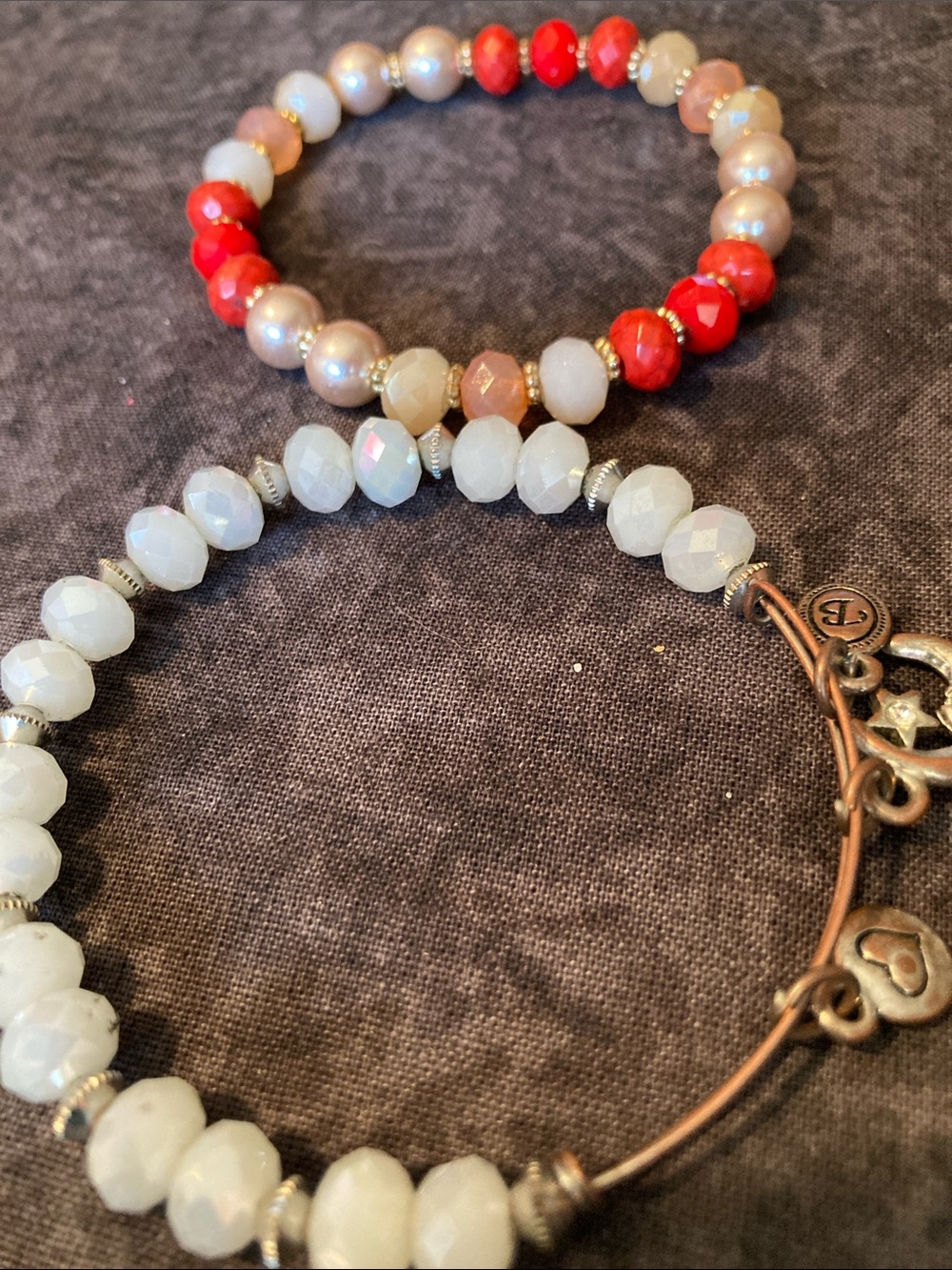 Crystal Beaded Bracelet Set - White Red and Coral Accent